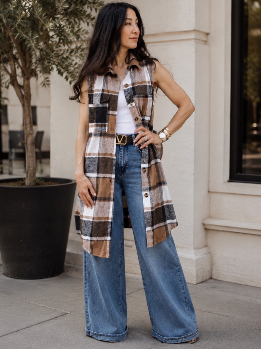 ShopEvelynne Brown Black and White Plaid Long Sleeveless Coat Vest